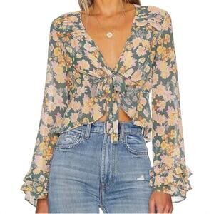 FREE PEOPLE | Maybel Floral Print Ruffle Blouse  Happy Combo Green | Extra Small